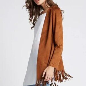 Paparazzi Faux Suede Western Fringe Jacket in Camel Brown, Size XL
